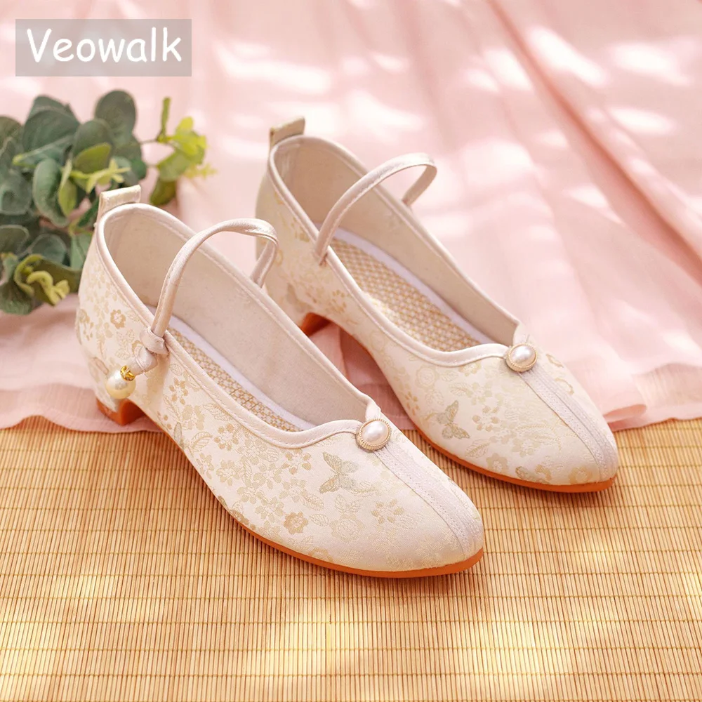 

Veowalk Женская хлопчатобумажная ткань с жемчугом и бисером, элегантная женская удобная обувь для танцев на блочном каблуке Мэри Джейн с вышивкой