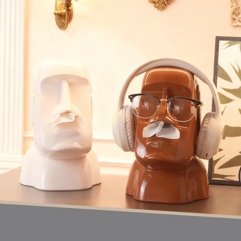 Creative Moai Stone Statue Tissue Box Glasses Holder Head Mounted Earphone Stand Home Multifunctional Decorative Ornament Gift