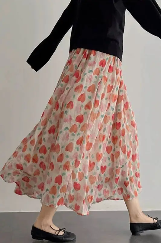 

Floral Long Skirt for Women French Vintage Tiered Ruffle Skirts High Waist Elastic A-Line Maxi Skirt Korean Summer Vacation S706
