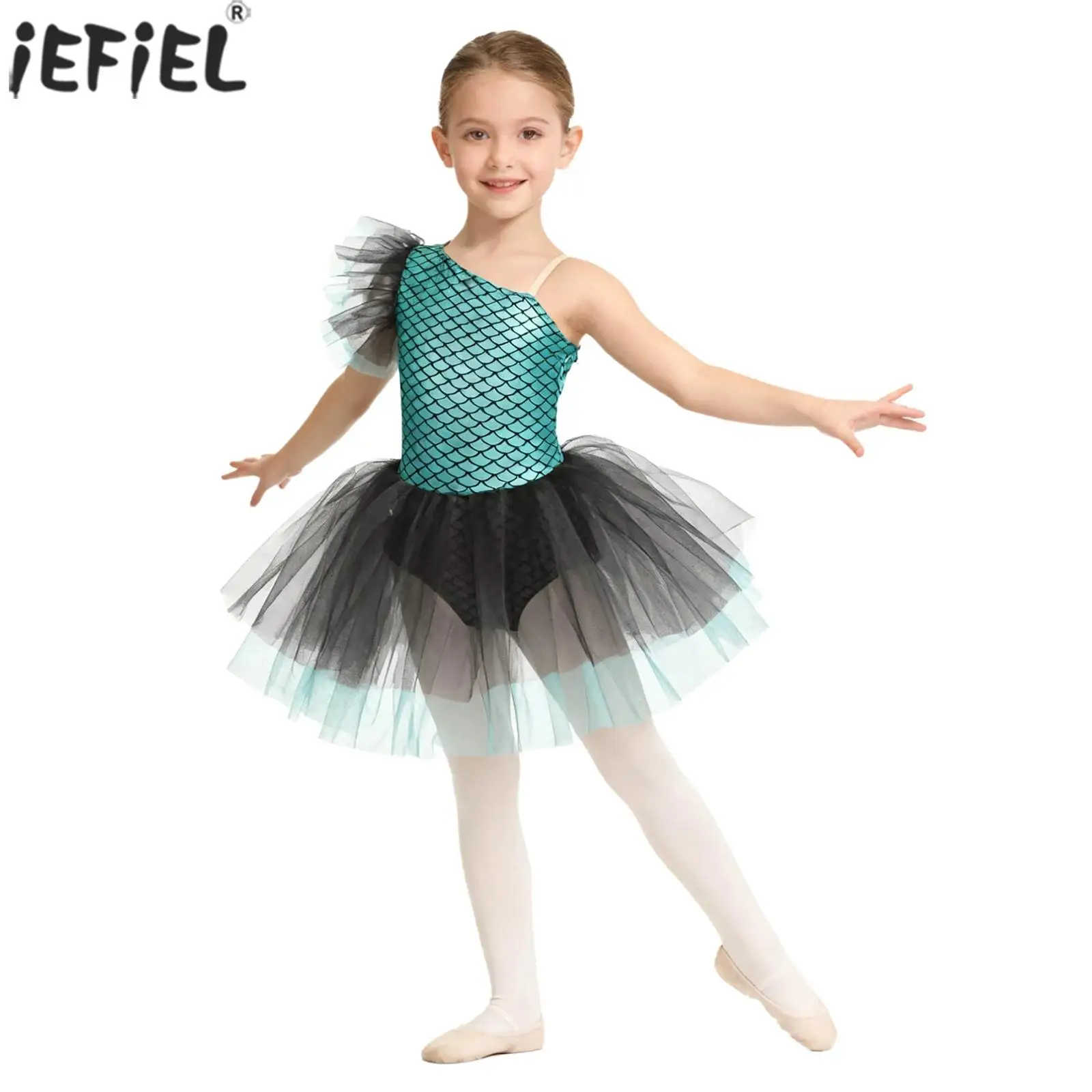 Ballet Leotard for Girls Halloween Ballerina Costume One Shoulder Mermaid Fish Scales Print Tutu Dress Skating Gymnastic Costume
