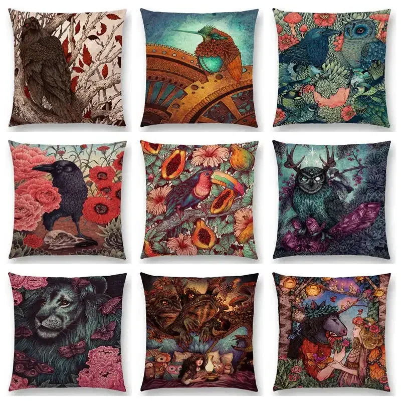 Dark Magic Augury Bird Sofa Pillow Case Three Eyes Raven Steampunk Hummingbird Night Princess Lion Owl Cushion Cover