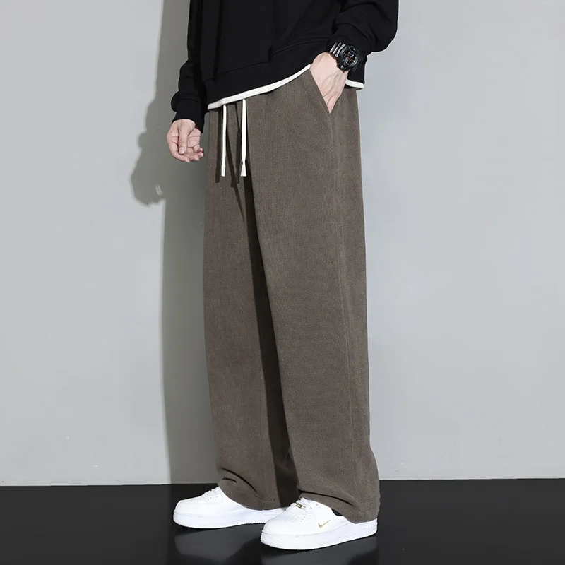 

Men's Autumn Winter Drawstring Solid Elastic High Waisted Casual Straight Leg Wide Leg Mop Pants Fashion Casual Long Pants