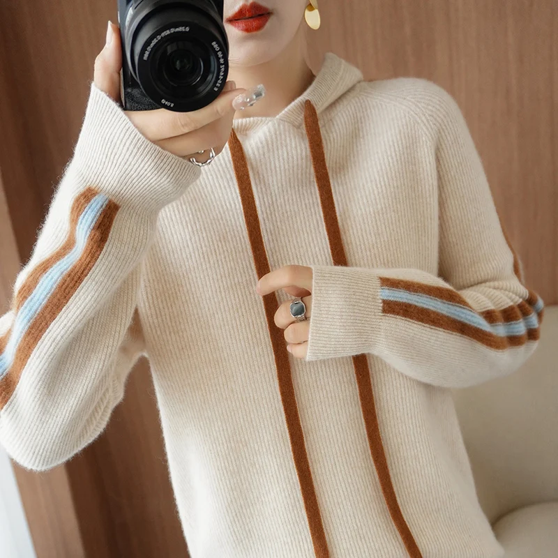 2022 Spring Winter 100% Pure Wool Sweater Women Knitted Hooded Pullovers Loose Lady\'s Grade Up Jumper Long Sleeve Soft Warm Tops