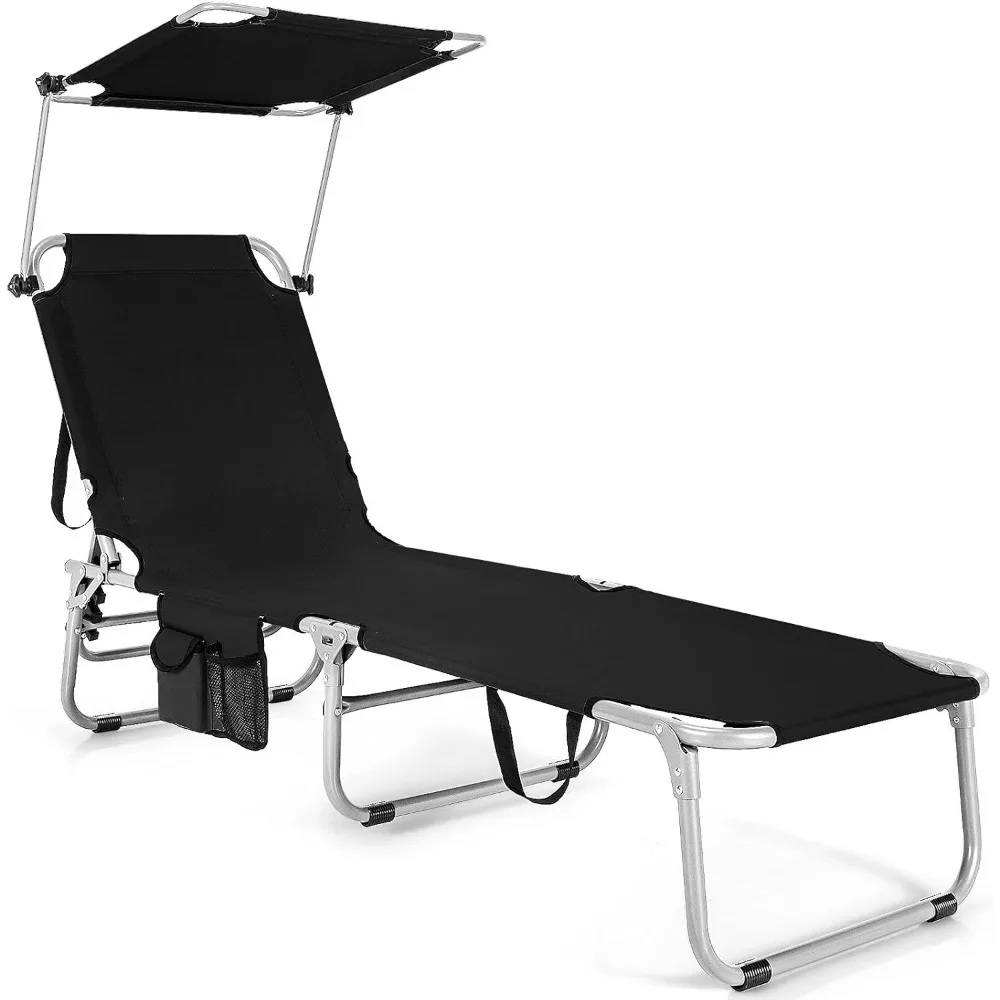

Tanning Chair, Foldable Beach Lounge Chair with 360°Canopy Sun Shade, Side Pocket, 5-Position Adjustable Outdoor Chaise Lounge