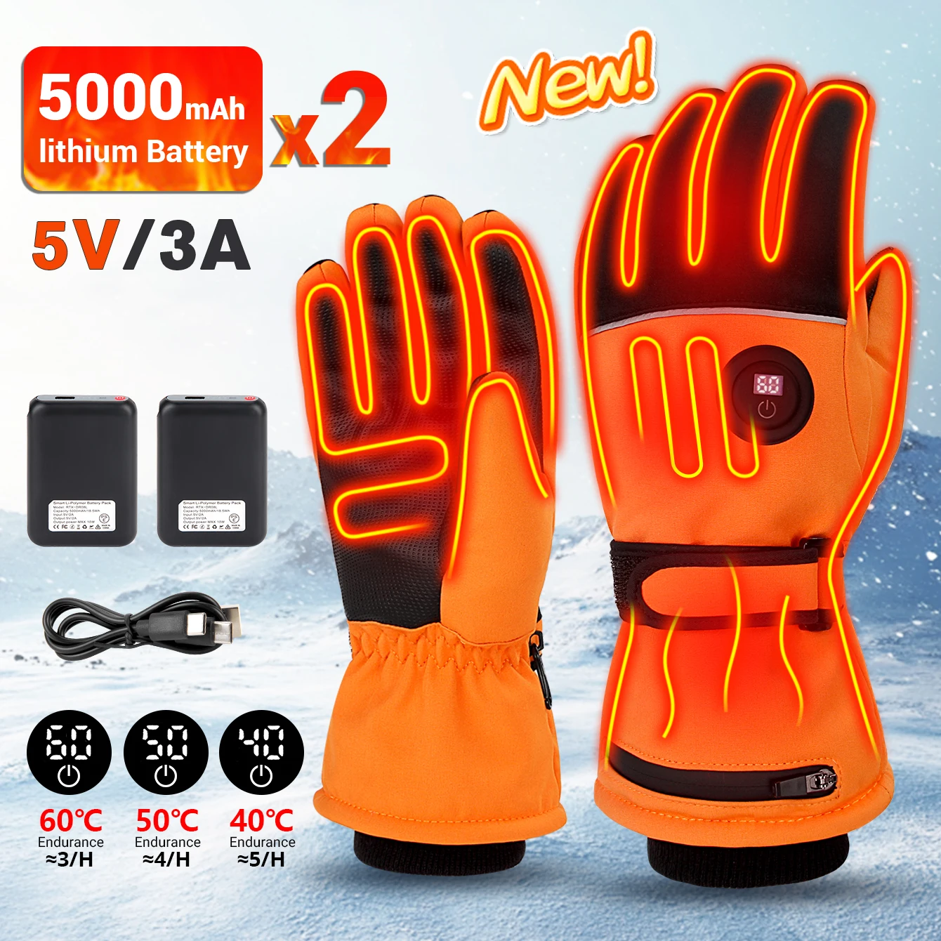 New Heated Gloves Thermal Heat Motorcycle Gloves Winter Warm Skiing Waterproof Heated Rechargeable Gloves