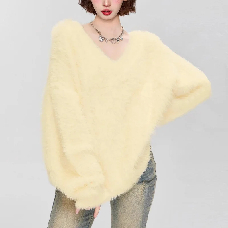 

Fashion Milk White Mink V-Neck Pullover Sweater Women Y2k Autumn Winter Paired With Soft Laid-Back Loose Knitted Sweater Trend