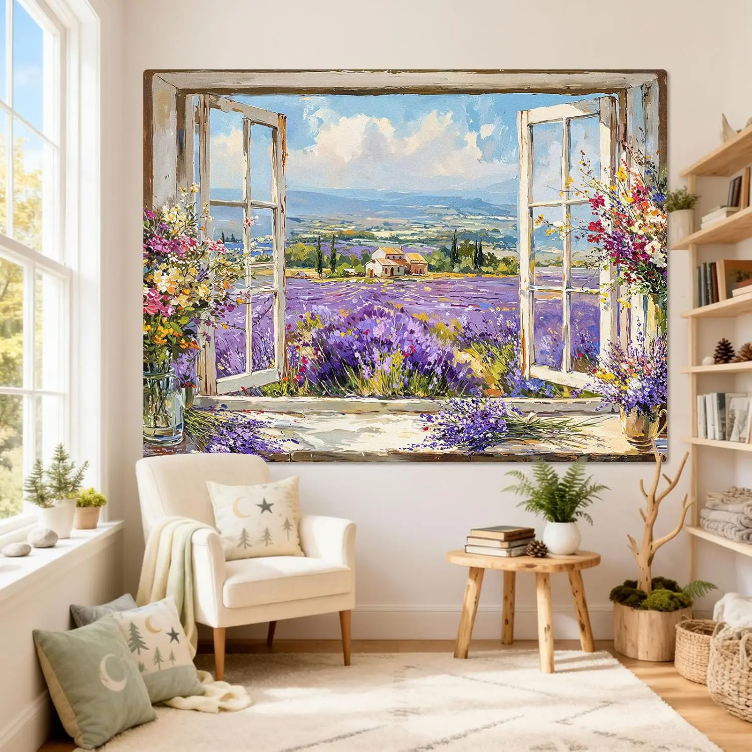 Lavender Field Tapestry, Flower Aesthetics Landscape Window Tapestries, Romantic Home Decor for Living Room Bedroom