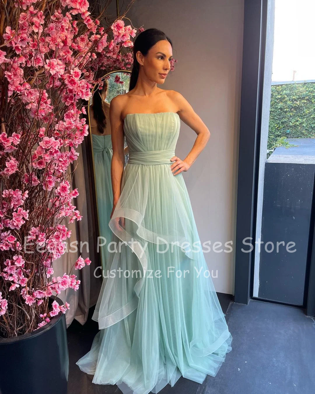 Customized Mint Green Tulle Formal Prom Dresses Strapless Drape Evening Gowns Pleats A Line Women Wedding Party Bridesmaid Gown