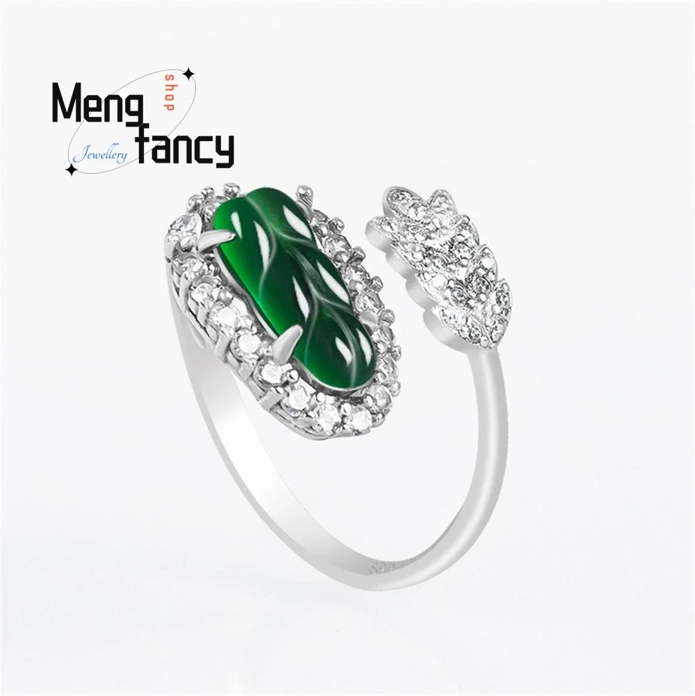 

S925 Silver Natural A-goods Jadeite Leaves Ice Jade Adjustable Ring Exquisite Elegant Sexy Young Girls Fashion Luxury Jewelry