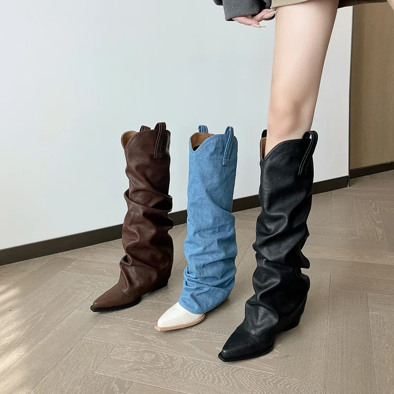 2026 new autumn winter women knee-high boots 22-25cm split leather/denim pointed toe thick heel pants boots Pile up boots