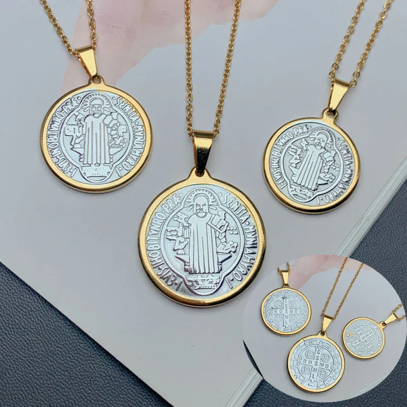 

Round Religious Jesus Saint Benedict Cross Pendant Necklace Women Trendy Stainless Steel Jewelry For Girl's Gift