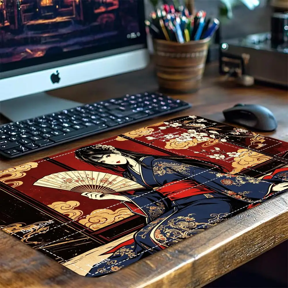 Japanese Geisha Samurai Extended Game Playmat Non‑Slip Table Surface Ukiyo‑e Floral Art Print For Trading Card Collectible