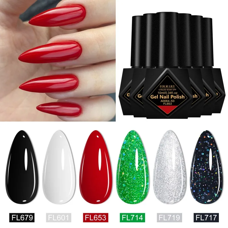 4pcs Christmas Color Gel Nail Polish Set 10ml Glitter Effect Semi Permanant Soak Off UV Gel Varnish Manicure DIY Nail Supplies
