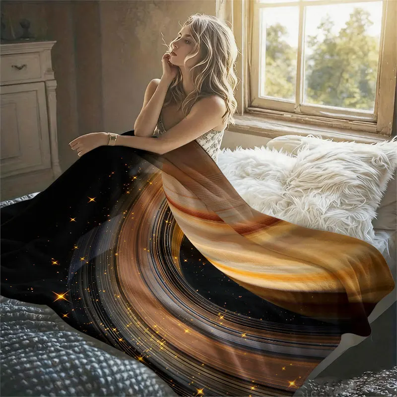 Golden Saturn Cosmos Flannel Blanket Perfect for Sofa Office Bed Travel Sleep Read Relax Camping Four Season Use