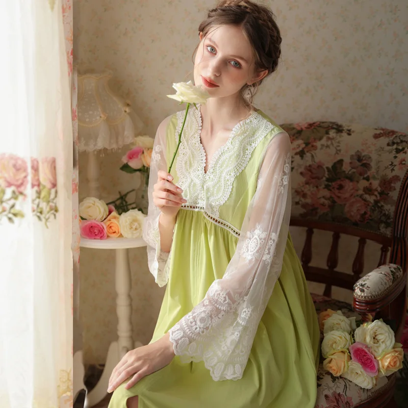 Embroidered Lace Long Sleeve Night Dress Women Fairy Cotton Sexy Peignoir Vintage Nighty Victorian Nightgowns Princess Sleepwear