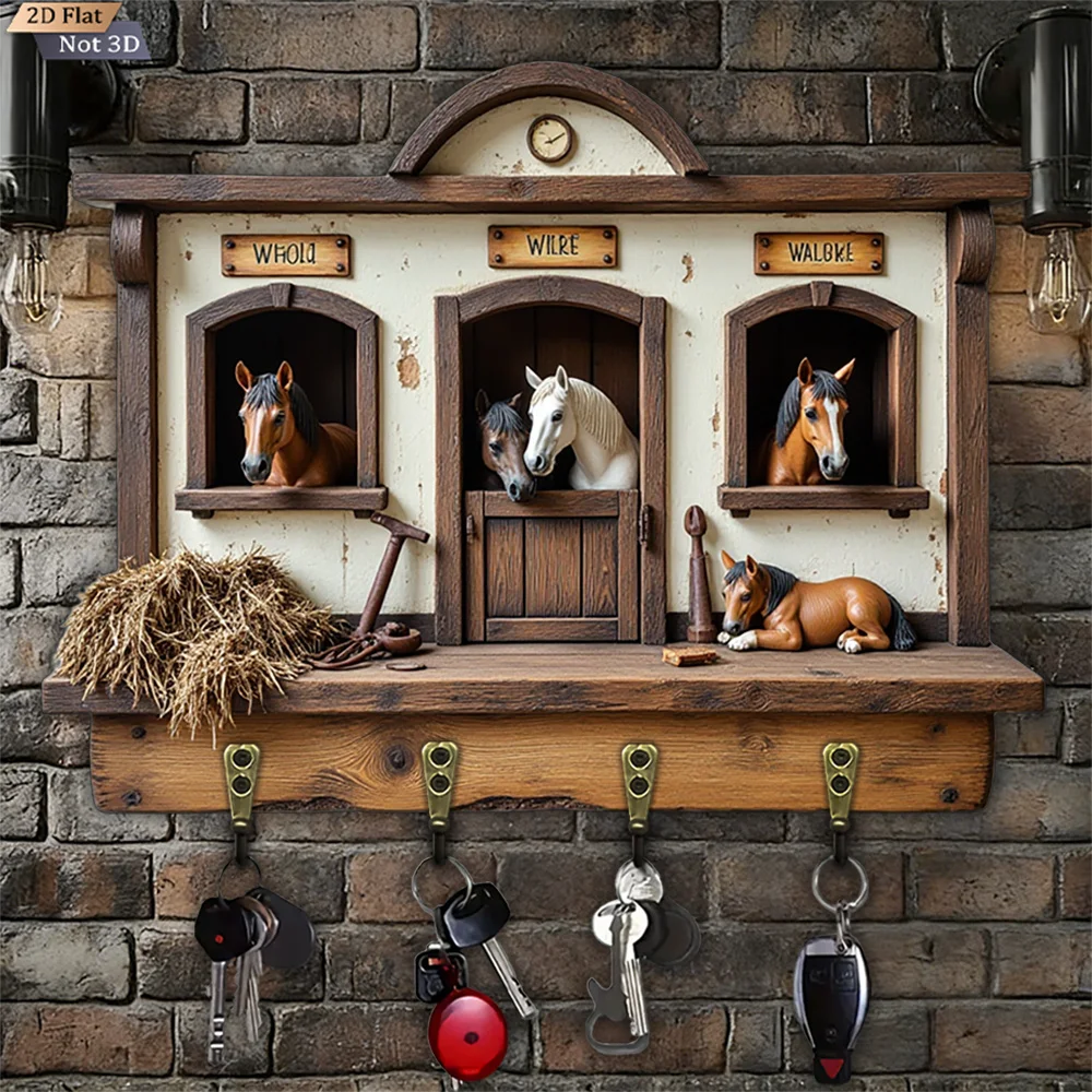 2D Flat, 1pc, Stable Steed Shaped Key Hook, Wooden Multifunctional Home Key Hook, with Four Metal Hooks, Wall Decoration, Porch