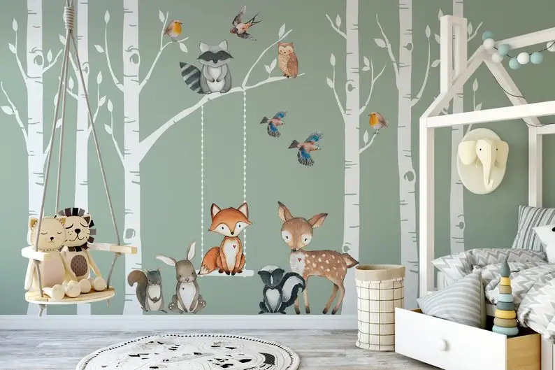 Woodland Nursery Wall Decor 6 Birch Trees Fox & Friends Fox Deer Owl Squirrel Bunny Raccoon Birds Wall Decal Neutral Nursery Eas