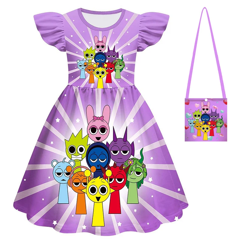 New Movie Sprunki Dress Children\'s Summer Vacation Outfit Girls\' Game Lncredible Box Casual Dress And Bag  Girls\' Clothes