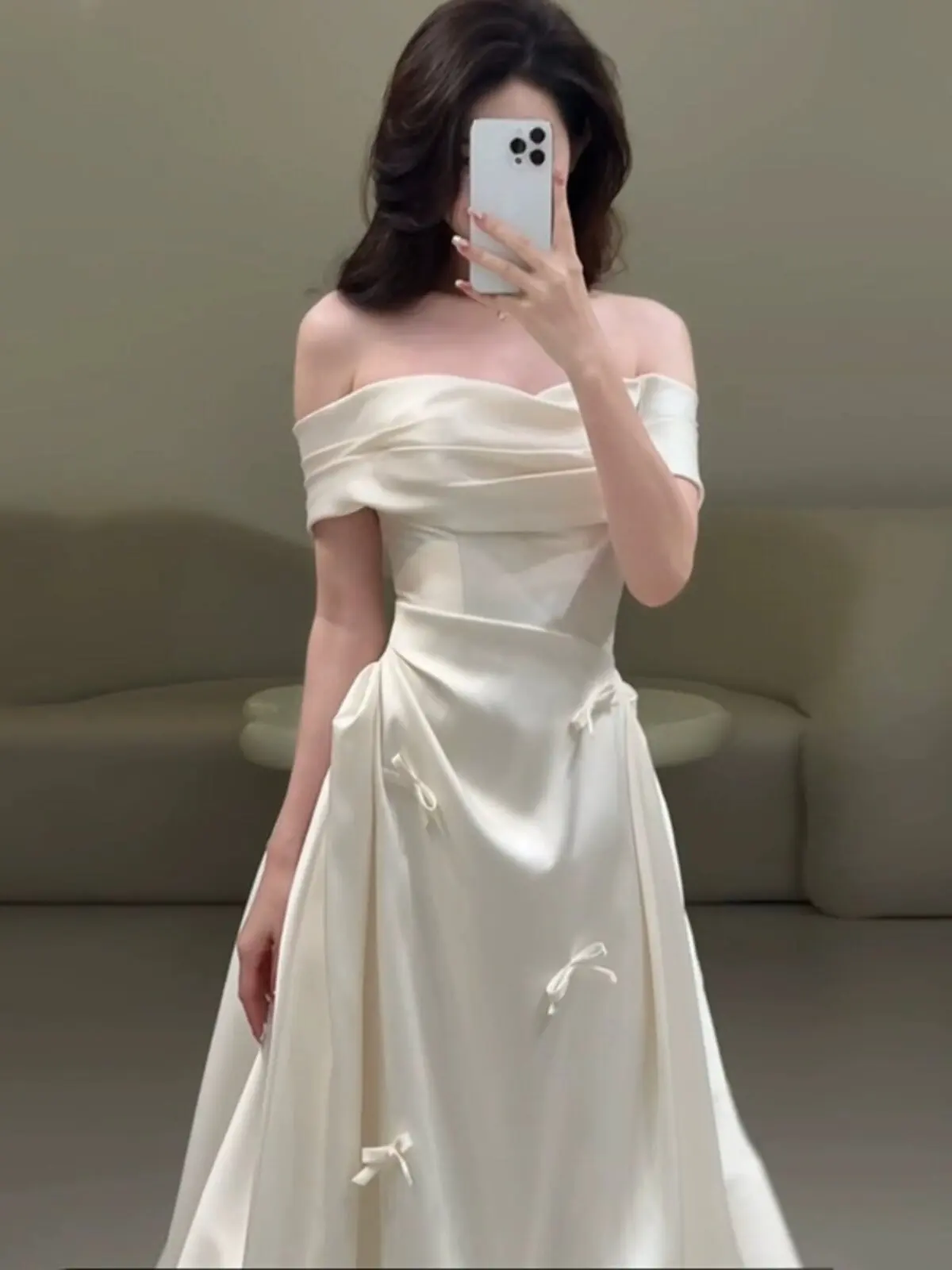 

Silk Satin One Shoulder Wedding Dress Adult Ceremony Lightweight Morning Robe Women Bride Gown Korean Style Zipper Middle Wai...