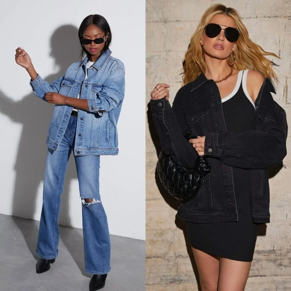Women Washed Denim Jacket Loose Fit Oversized Casual Trucker Outerwear Breathable Soft Flattering Daily Commute Layering Comfy