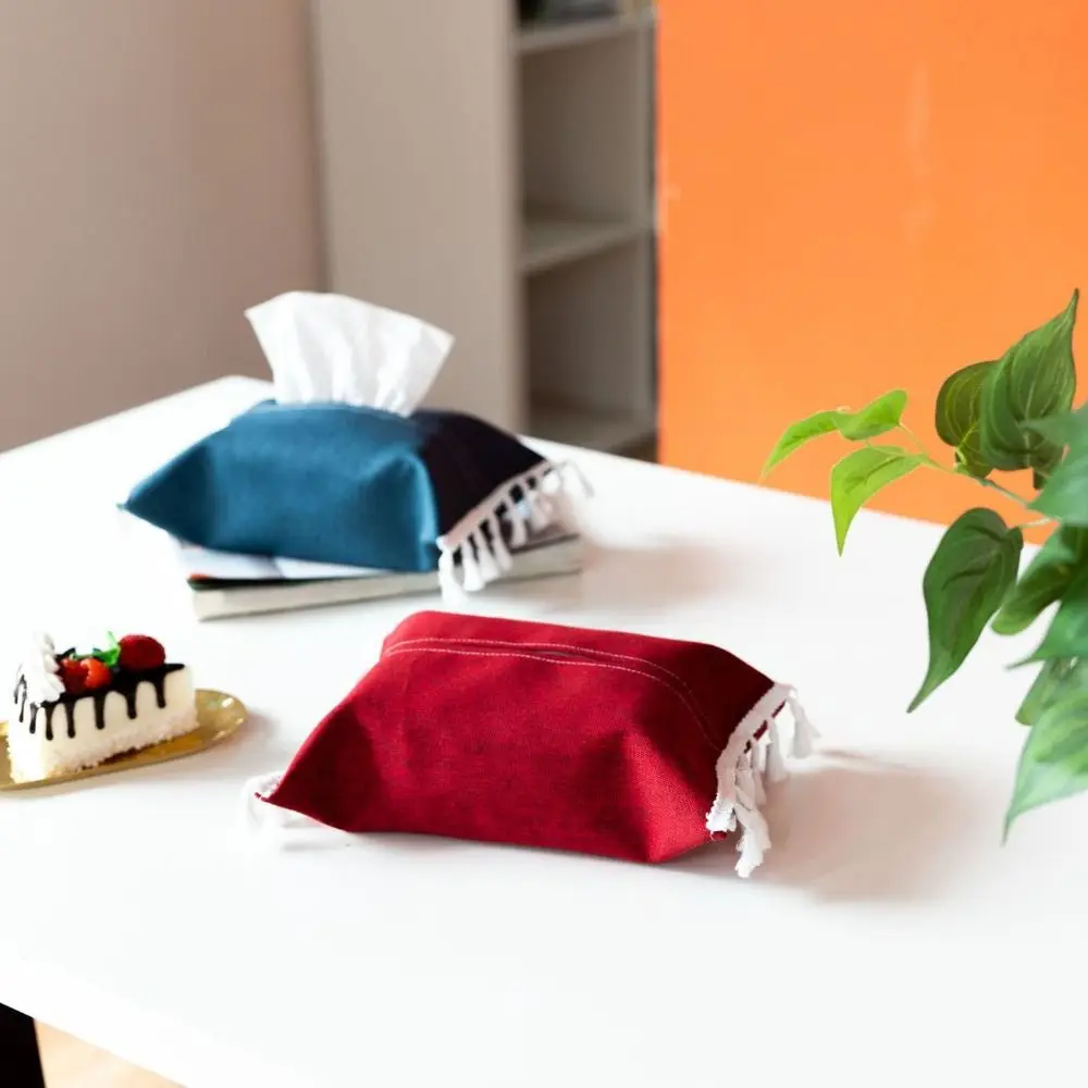 

Eco-Friendly With Tassels Fabric Tissue Box Napkin Holder Paper Container Tissue Bag Solid Color Paper Stoarge Bag Household