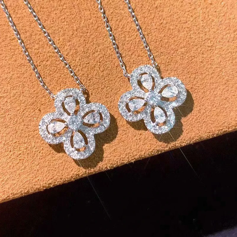 925 silver high carbon diamond hollow flower-shaped zircon ring water drop round flower necklace female party birthday jewelry
