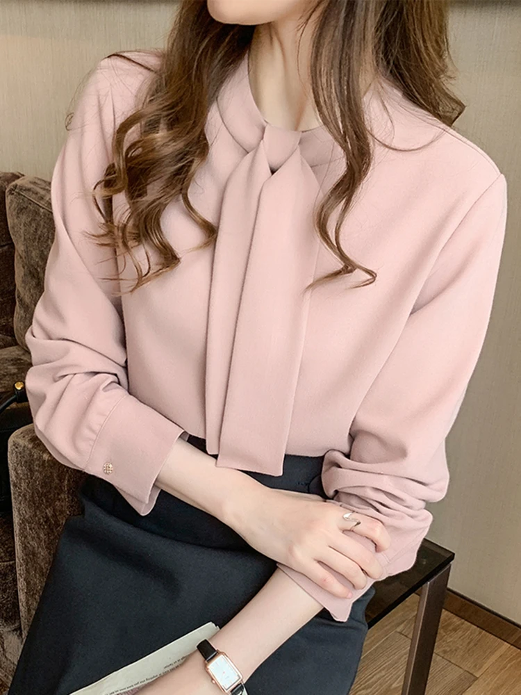 

Элегантная женская блузка с длинным рукавом и поясом, весна 2026, новая модель, шифоновая блузка с узлом, розовый топ в стиле OL, прямой крой, на пуговицах