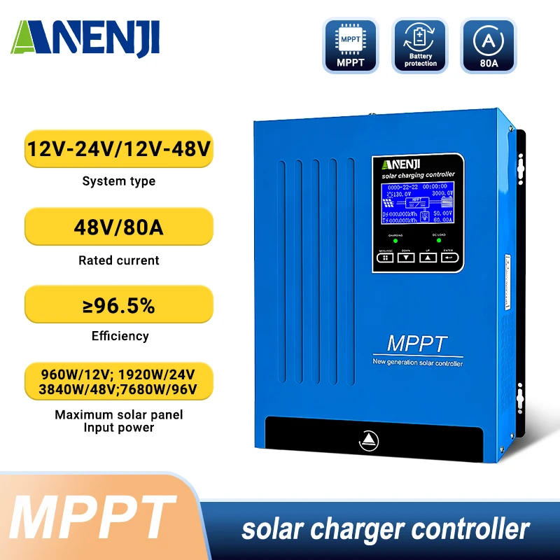 Contrôleur de charge solaire MPPT ANENJI 80A 12V/24V/48V pour batterie LifePo4, régulateur solaire à suivi de puissance
