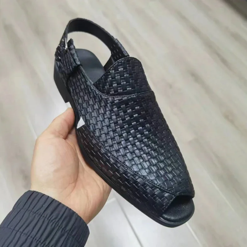 Black Sandals for Men Brown Woven Buckle Strap Men Shoes Leisure Vacation Beach Shoes Size 38-46