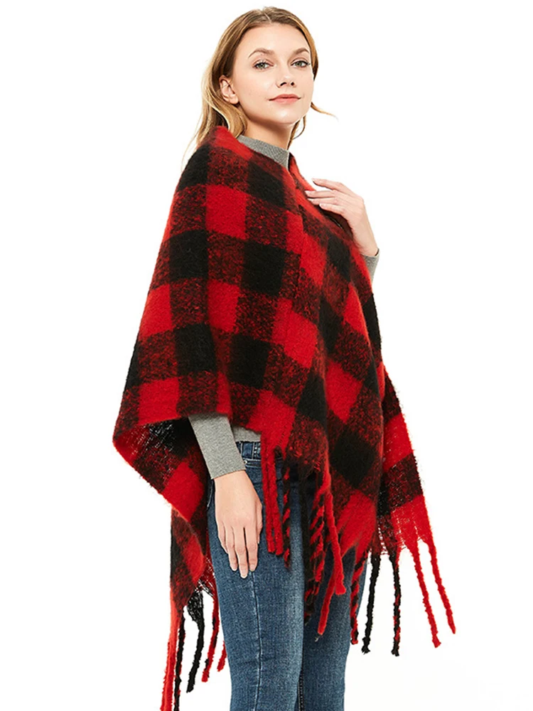 Nova moda outono inverno moda feminina borla xadrez xale quente grosso tamanho grande estilo de trabalho solto alta qualidade bonito poncho