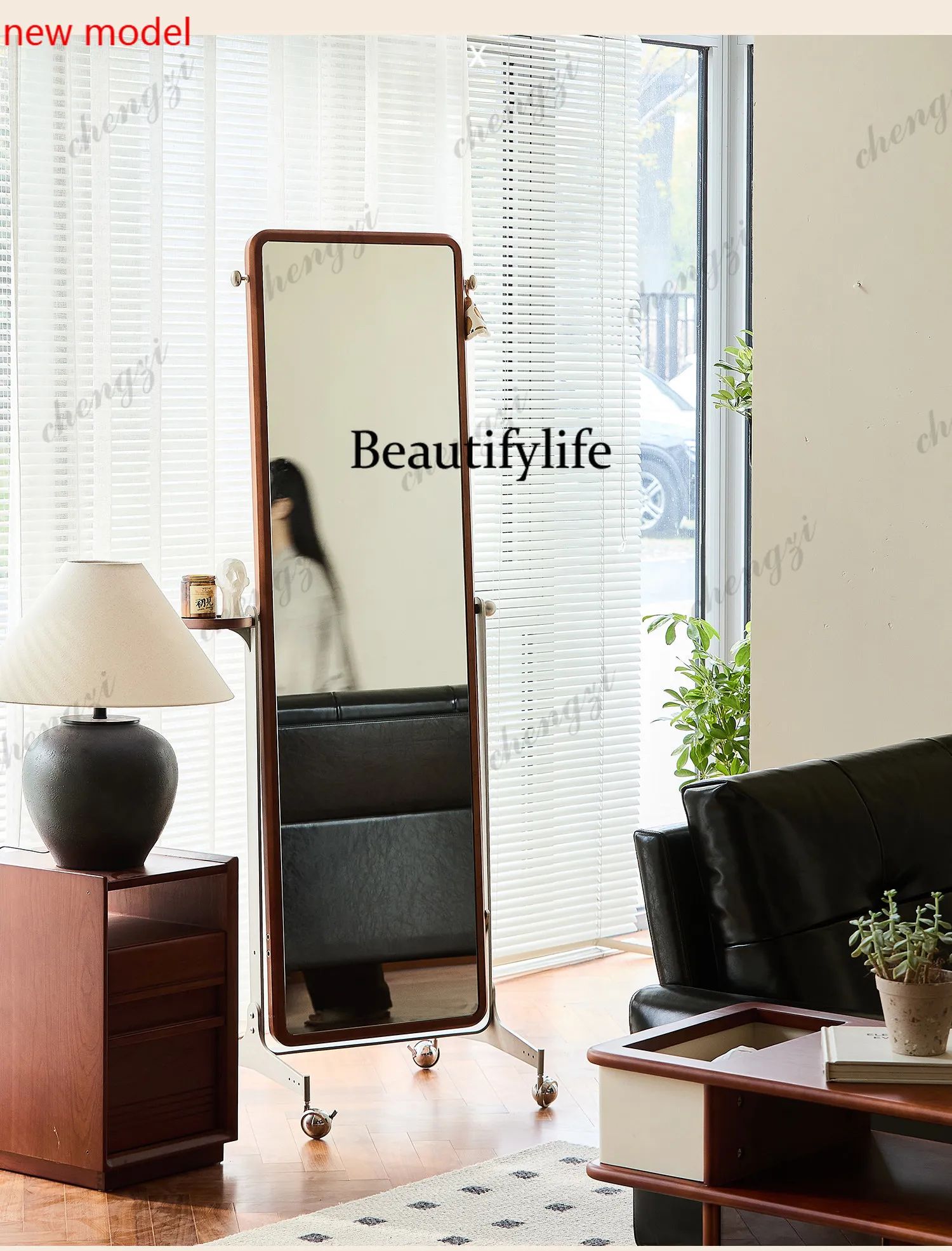 DD182Floor-to-ceiling, rotating full-body mirror, pure solid wood dressing, medieval movable mirror