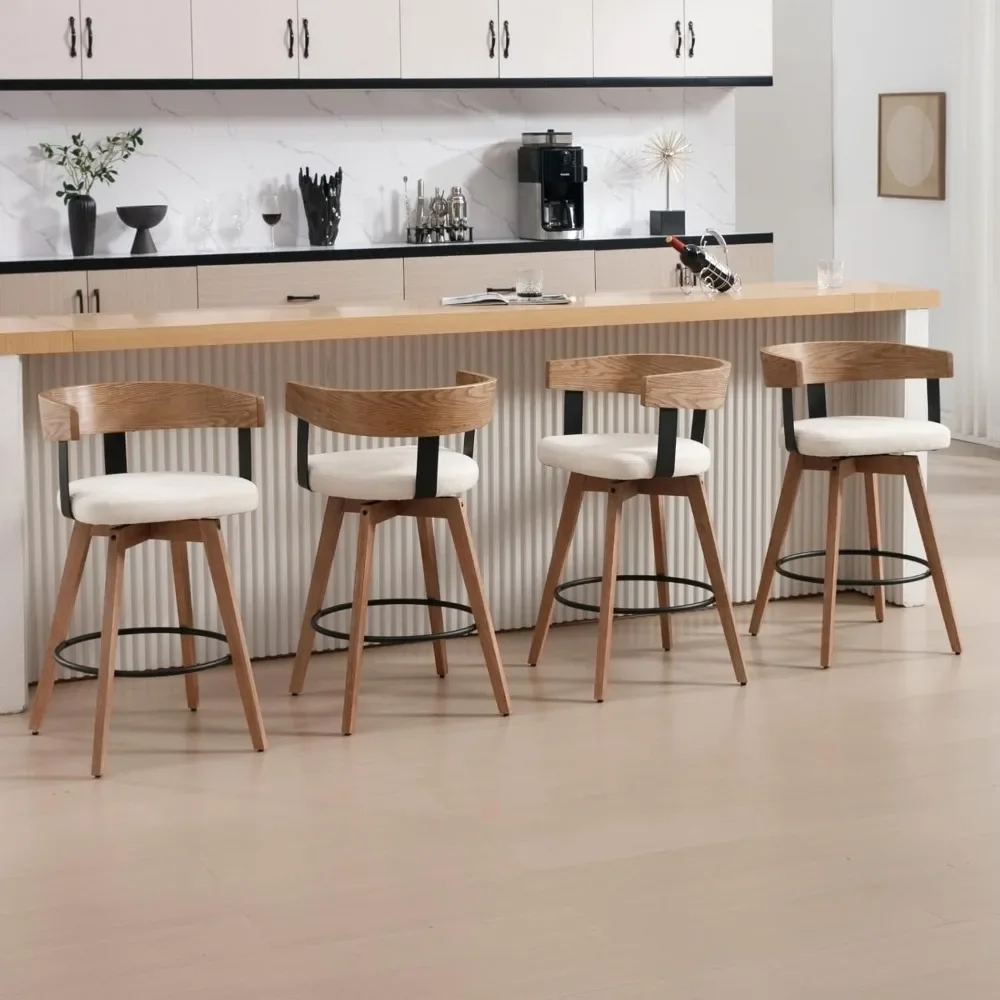 Bar Stools Set of 3-26" Counter Height Bar Stool with Footrest - Modern Wood Barstools with Linen Upholstered Seat - White