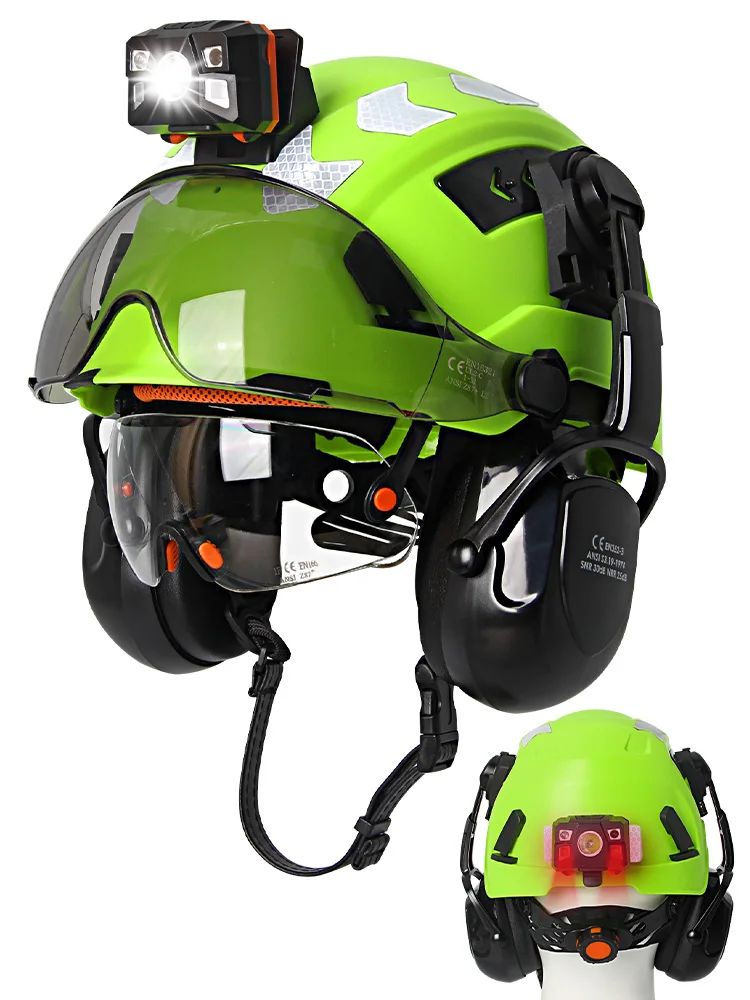 Kask budowlany z podwójnymi wizjerami, lampą czołową, naklejką odblaskową, nausznikami, kask ochronny ANSI CE, czapka robocza dla inżyniera przemysłowego. — 2