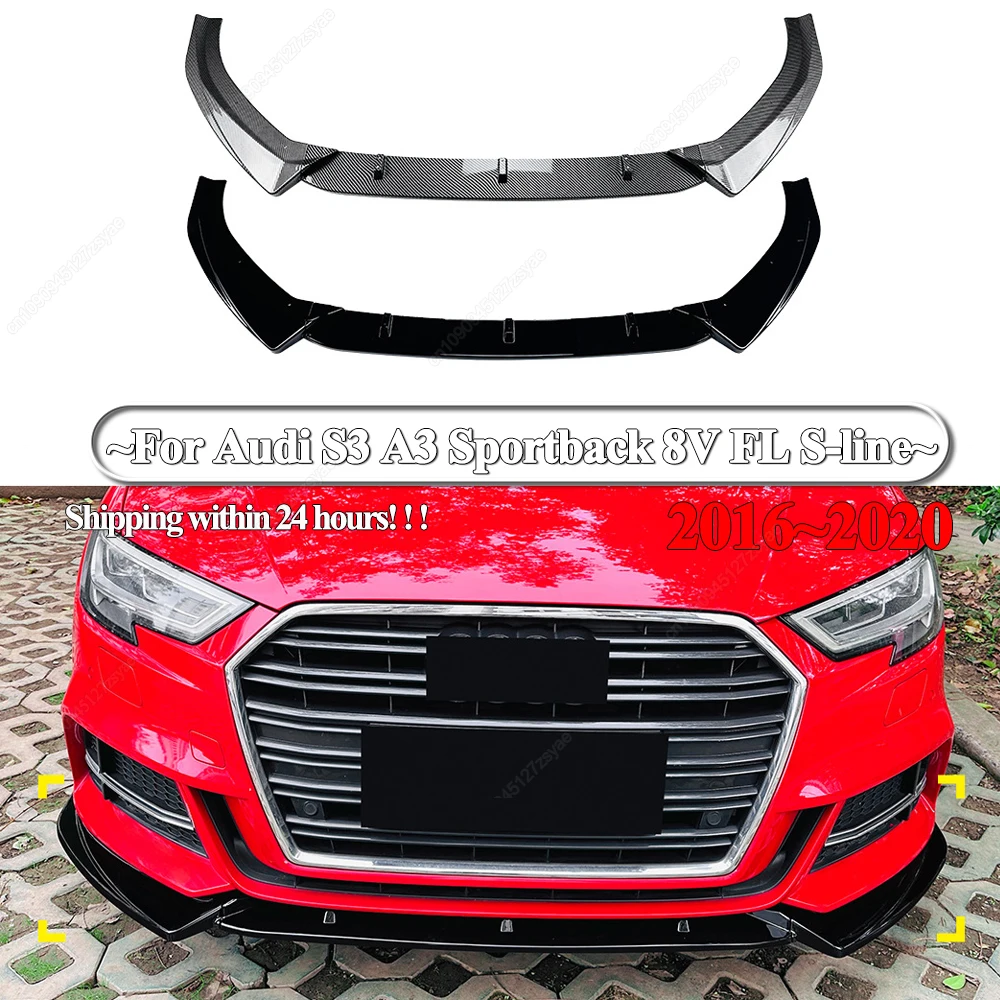 3 piezas de alerón divisor de parachoques delantero para Audi S3 A3 Sportback 8V FL S-line 2016-2020, kits de carrocería tuning, ABS negro brillante
