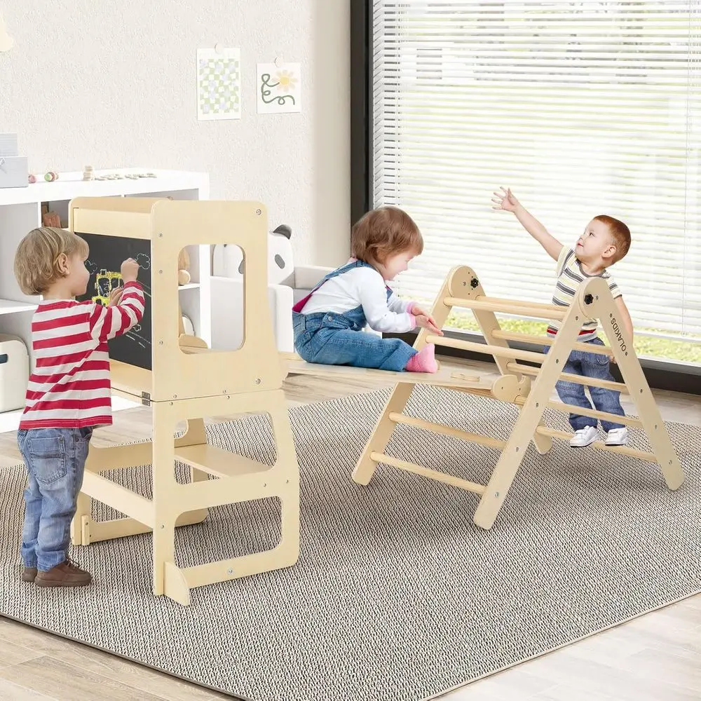 Pikler triângulo conjunto 8 em 1 brinquedos de escalada para crianças dobrável madeira montessori selva ginásio com criança torre ângulo ajust