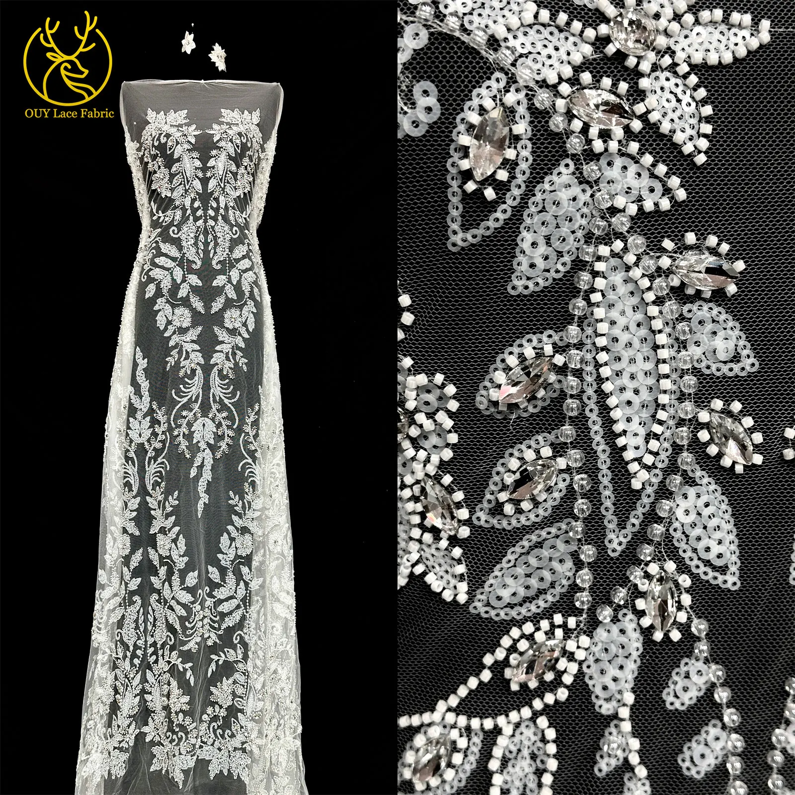 Nigerianisches weißes Hochzeitskleid Tüll-Mesh-Spitzenstoff Hochwertiger französischer Stein-Spitzenstoff Afrikanischer Perlen-Pailletten-Spitzenstoff – Detail 23