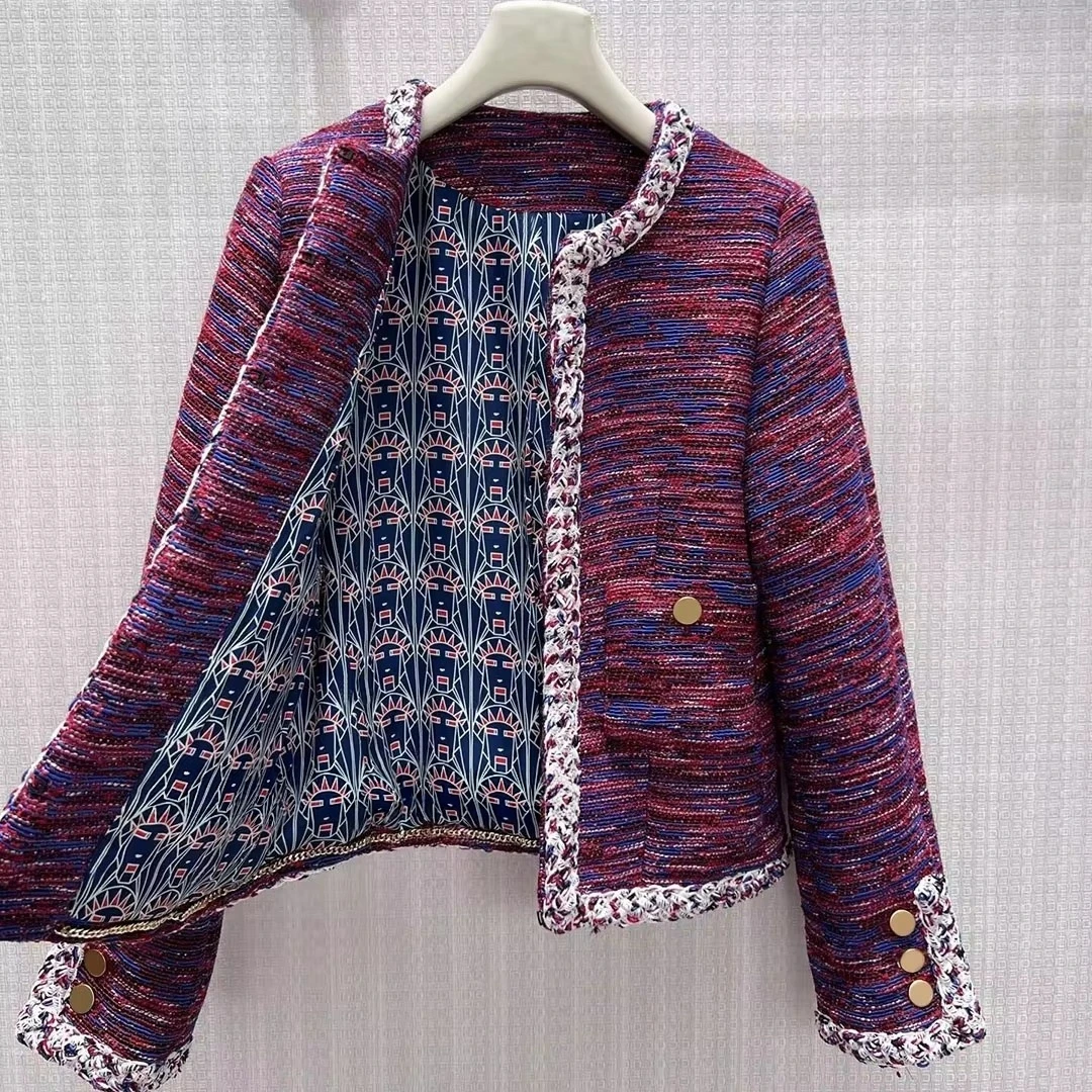 2026 New Autumn Fashion Elegant Woven Tweed Jacket Women O-neck Long Sleeve Metal Buttons Pockets Print Lining Vintage Coat