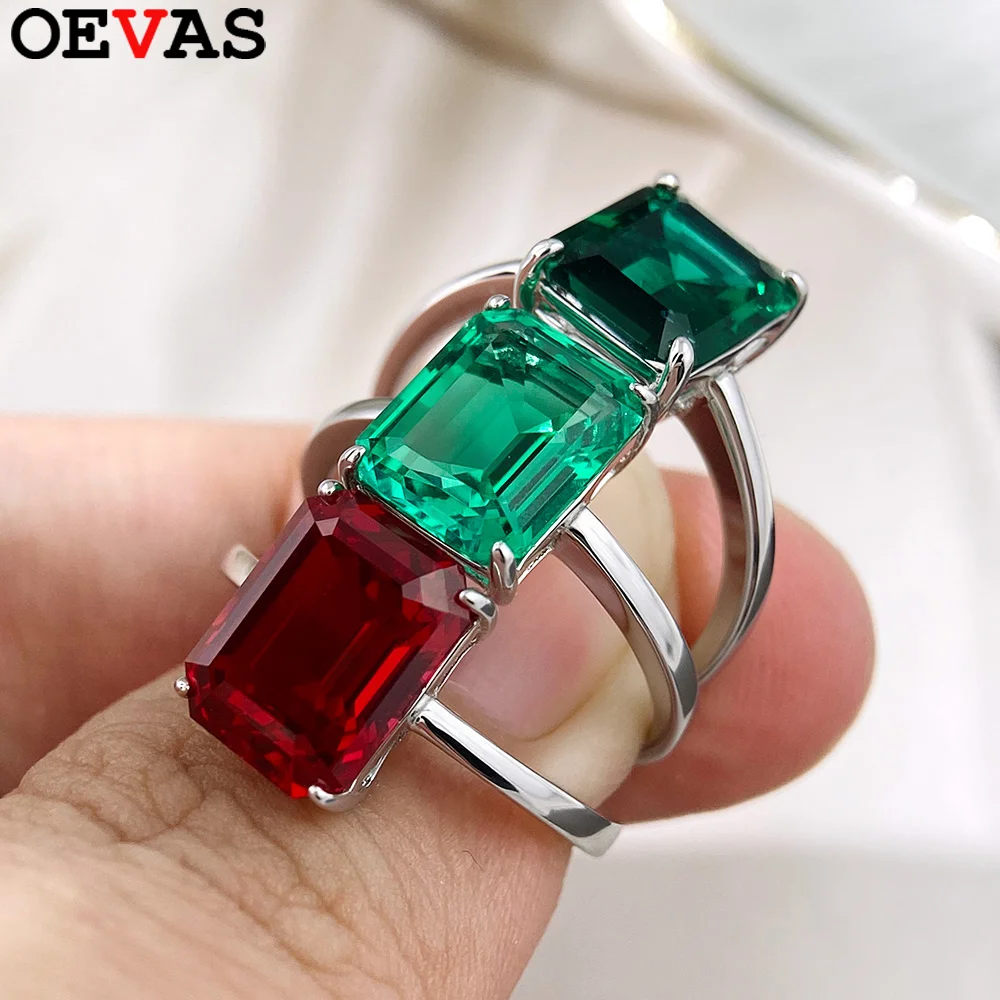 

OEVAS 4ct 8x10mm Lab Grown Colombian/Zambian Emerald Ring 100% S925 Silver Moissanite Rings For Women Party Fine Jewelry Gift