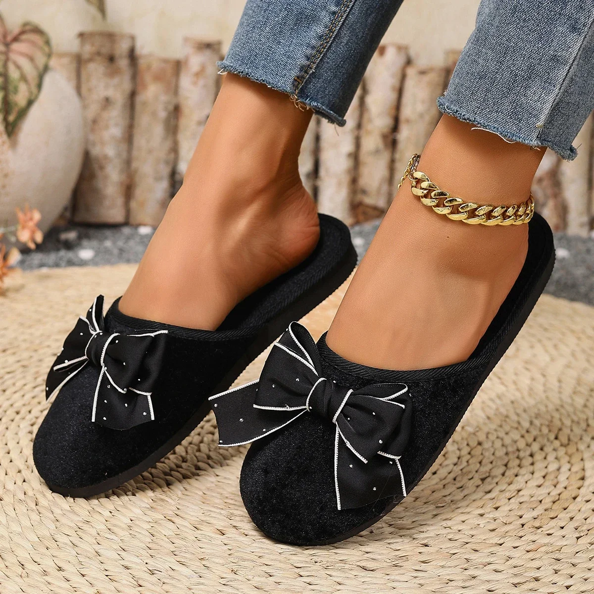 Women Bowknot Decor Mule Slippers Closed Toe Flat Slide Sandals Indoor Outdoor Summer Lightweight Casual Shoes