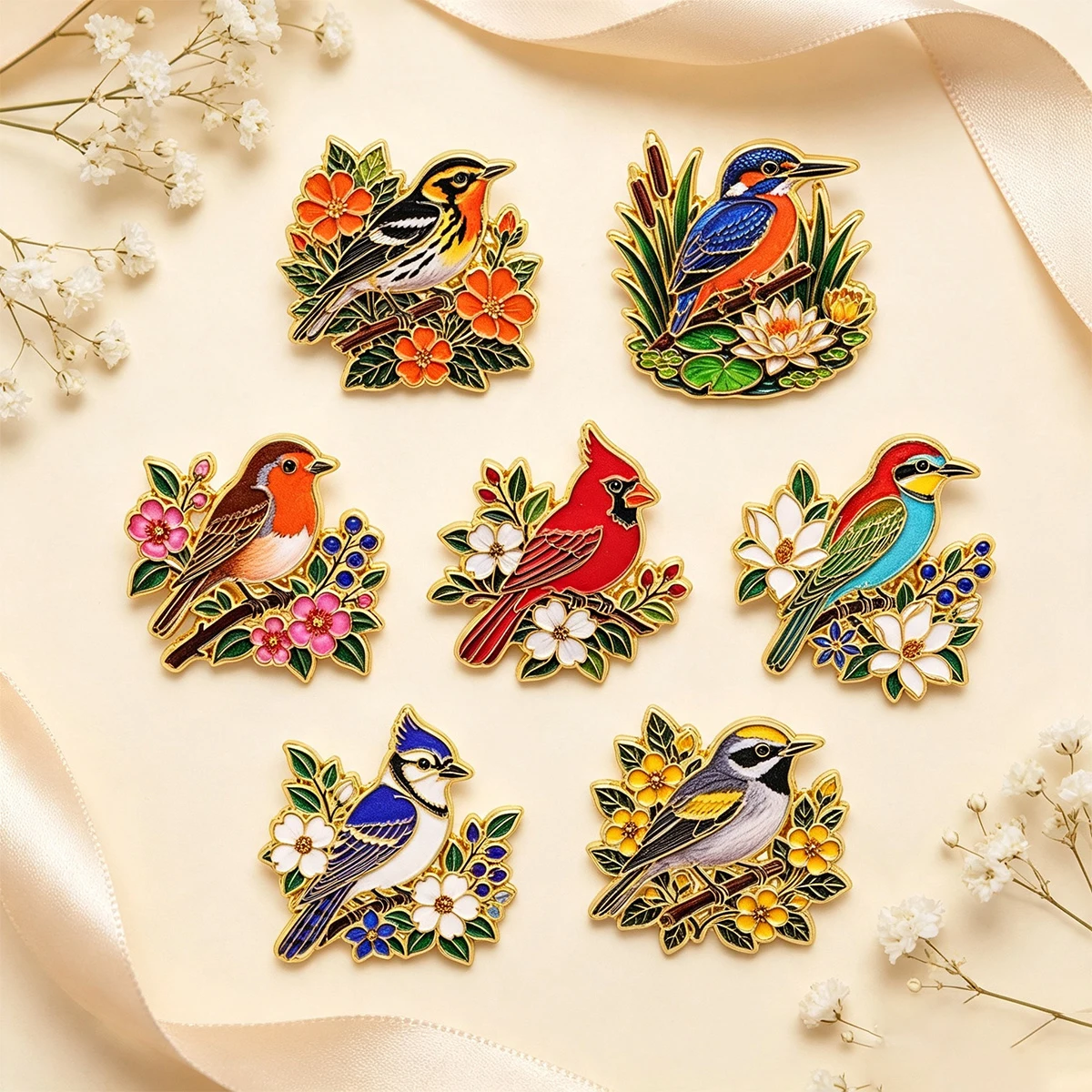7-teiliges Set Garten-Vögel Emaille-Pin Lebendiger Kardinal Eisvogel Brosche Anstecknadeln Abzeichen für Rucksack Accessoires Schmuck Geschenke – Detail 7