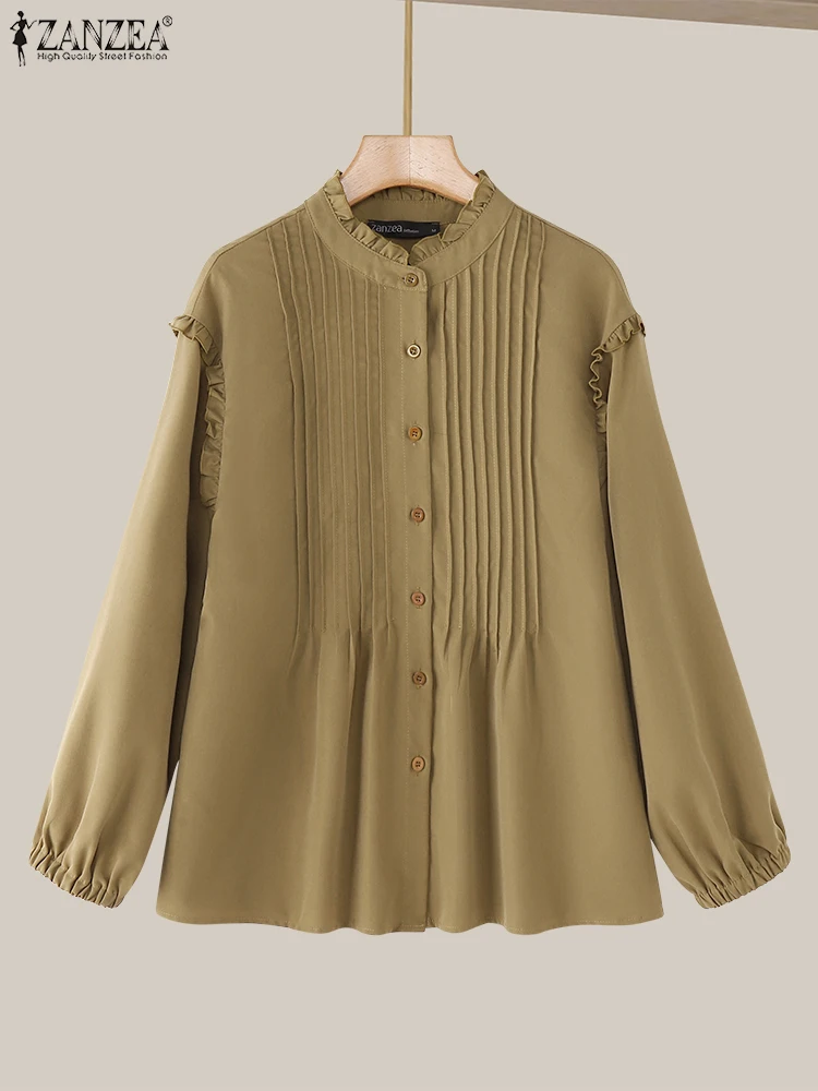 

ZANZEA Women Autumn Solid Color Shirt Fashion Long Sleeve Ruffled Tops 2025 Holiday Pleating Stand Collar Tunics Chic Retro Tops
