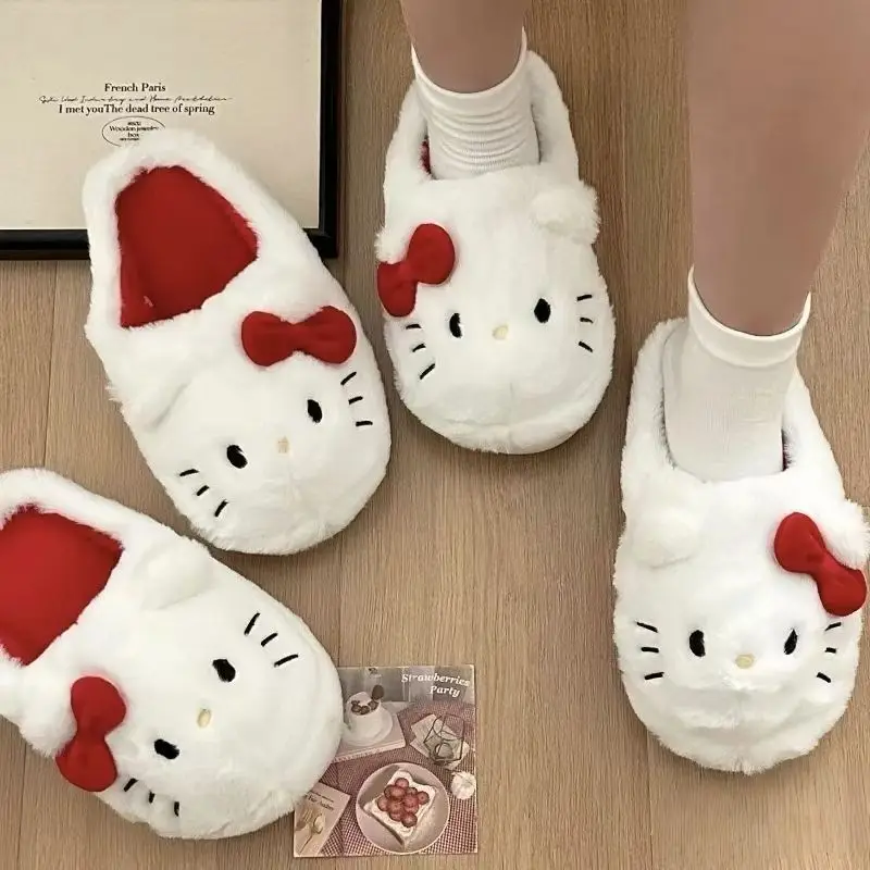 Kawaii Sanrio Hello Kitty Polka Dot Kt Cat Cute Ins Style Cartoon Slippers Red Bow Indoor Home Warm Fur Shoes Girlfriend Gifts