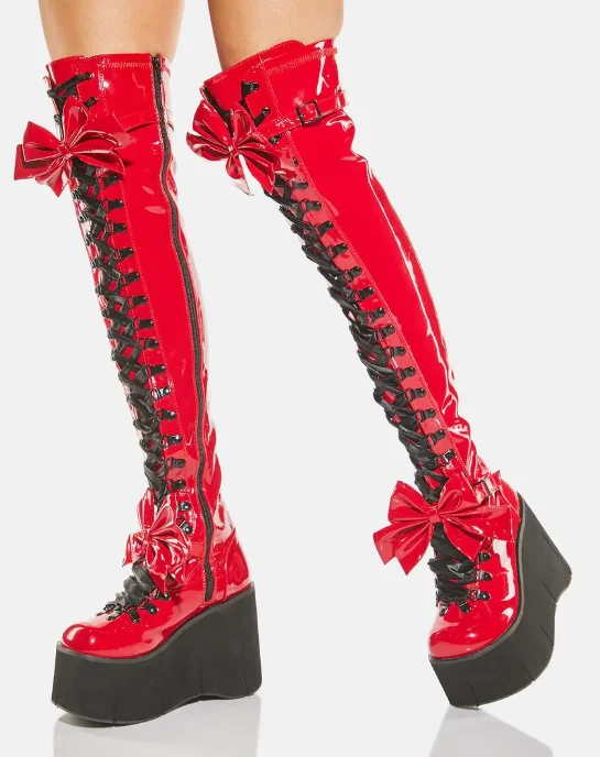 Red Patent Leather Platform Bow Over The Knee Boots Chunky Bottom Front Lace Up Women Winter Sweet Punk Fashion Casual Shoes