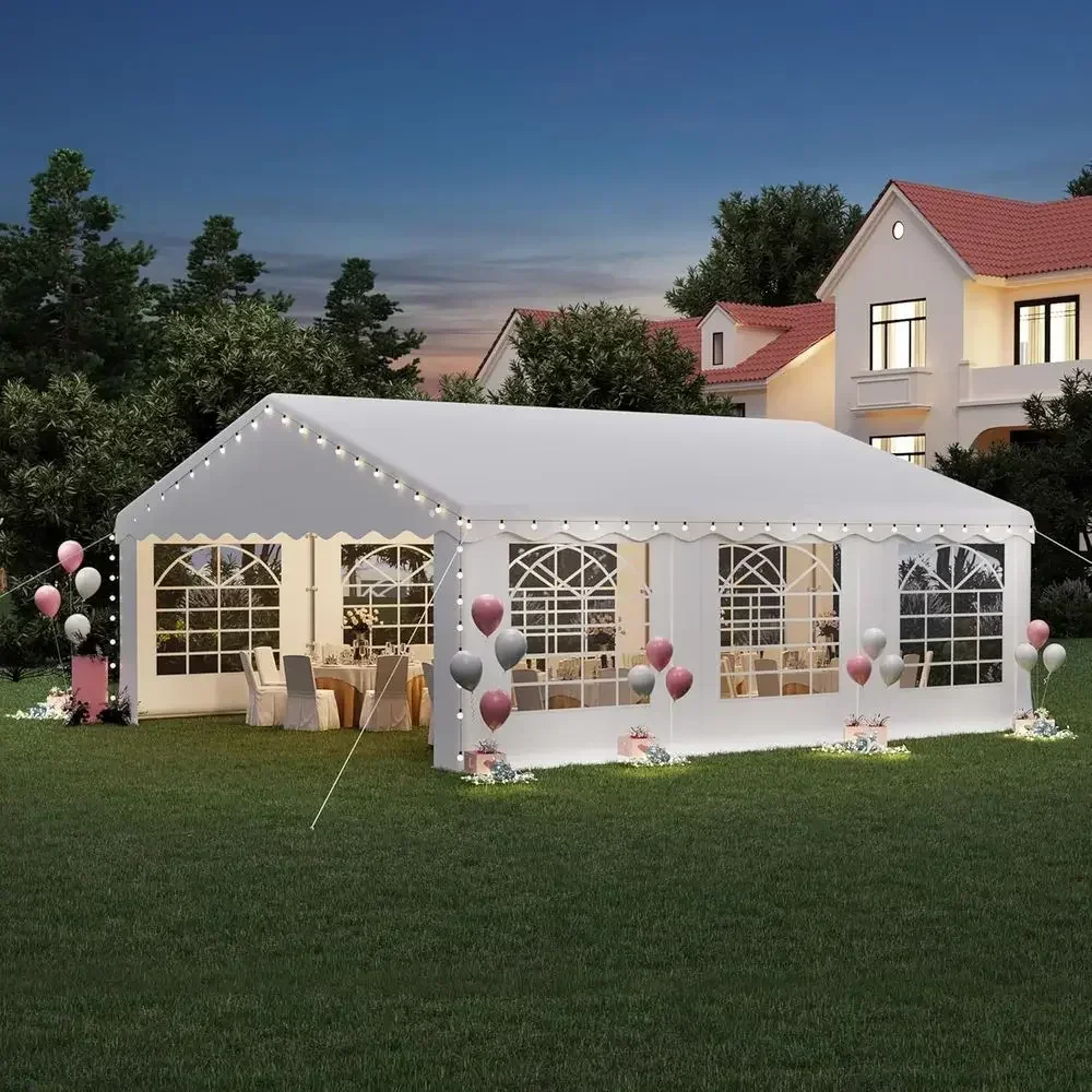 20x20t Party Tent, Heavy Duty Large Wedding Outdoor Carport with 6 Removable Sidewalls, 2 Roll-up Do, 2 Storage Bags, Gazebo She