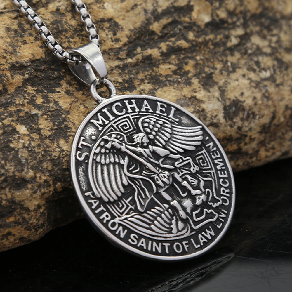 Classic Design Arch Angel St. Michael Archangel Pendant Vintage Stainless Steel Cross Wing Necklace Amulet for Men Women Jewelry