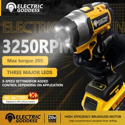 Herramienta de controlador de impacto inalámbrico Electric Goddess DCF850, Motor sin escobillas, herramienta de taladro de impacto inalámbrico de 205NM para batería Dewalt de 20V