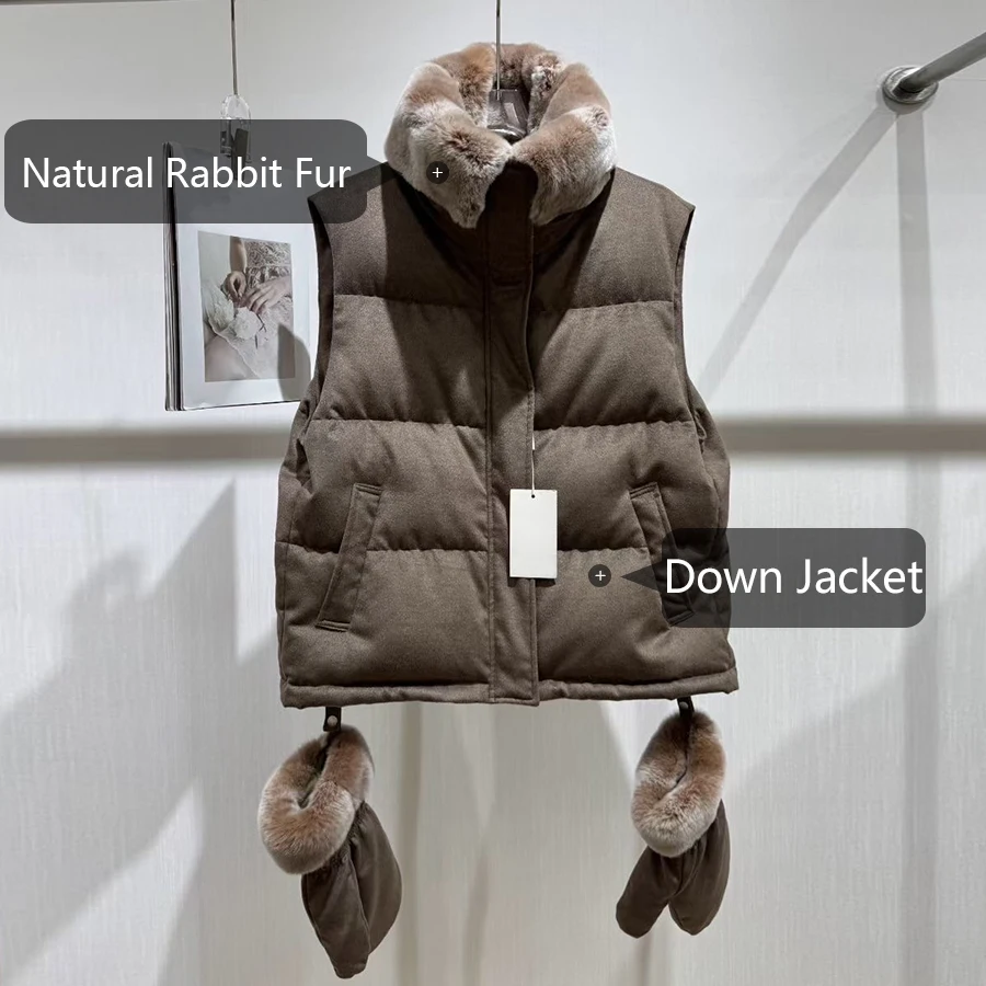 Natuurlijk Rex konijnenbont vest korte witte donsjas dames winter donsjack met bontkraag luxe echt bont jas