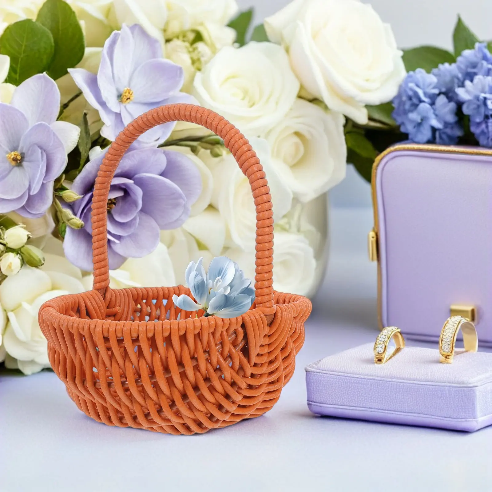 2Pcs Mini Wedding Flower Basket Elegant Small Woven Basket Handle Stable PP Iron Frame Perfect Flower Girl Petal Favor Box Decor