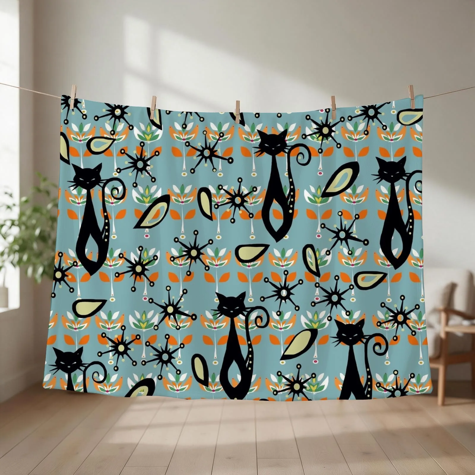 New Atomic cat, mid century modern Throw Blanket Travel Flannel Fabric sofa bed Blankets For Baby Blankets