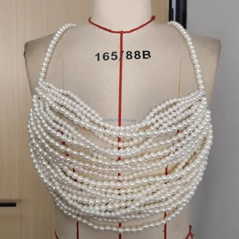 Multi Layer Pearls Bra Body Jewelry Halter Bustier Tube Top for Women